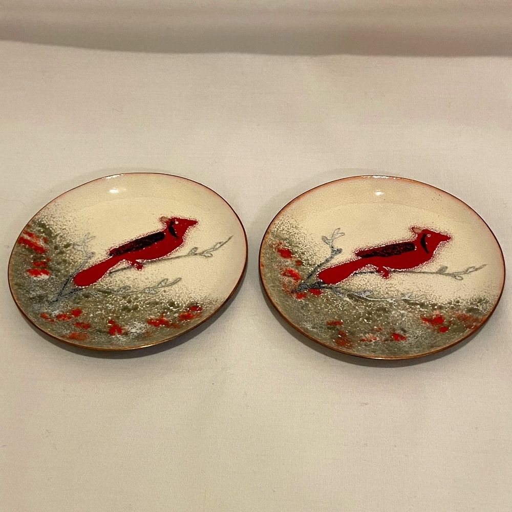 Cardinal Trinket Dishes Coasters Enamel Copper Set of 2 Handcrafted Bovano